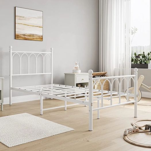 Single Metal Bed Frame 90 x x190 cm with Headboard and Footboard Heavy Duty Foundation,Metal Slat Support, White