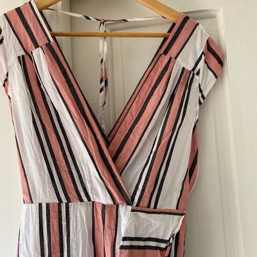 River Island Striped Ruffle Faux-Wrap Midi Dress Pink White Cotton Blend