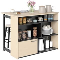 3-pc. Bar set, Bar table with foldable tabletop, 2 bar stools, 6 storage compartments, black+oak, 116 x 70 x 89.5 cm