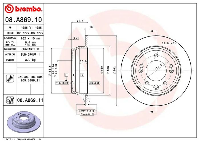 Brembo 08.A869.11 Rear Axle Brake Discs X2 - Hyundai KIA