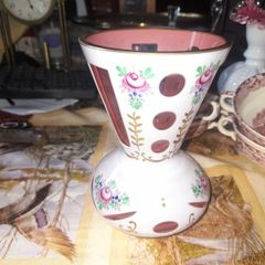 Beautiful Old Bohemian Vase Cranberry Cut and Enamelled Baluster Vase with Gilt Rim