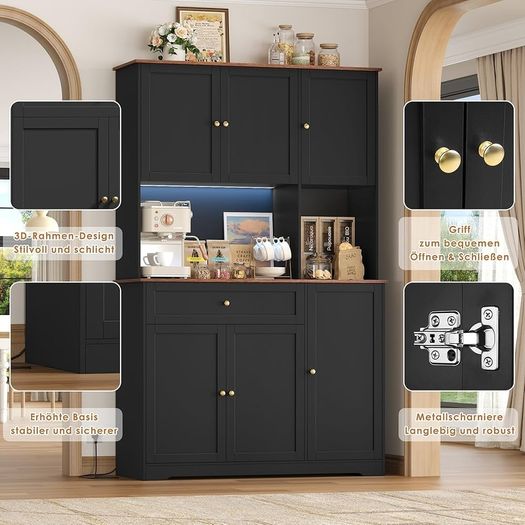 Kitchen Cabinet 180 cm Buffet Cabinet with LED Sideboard for Kitchen with Power Strip Kitchen Cabinet with Worktop and Wine Rack for 12 Bottles Kitchen Buffet Kitchen Furniture 180 x 100 x 39  N