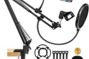 Microphone Stand, Professional Adjustable Mic Stand with Screw Adapter and Pop Filter Suitable for Radio and Television Stations, Recording Studios, Compatible with Blue Yeti Microphone