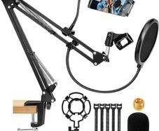 Microphone Stand, Professional Adjustable Mic Stand with Screw Adapter and Pop Filter Suitable for Radio and Television Stations, Recording Studios, Compatible with Blue Yeti Microphone