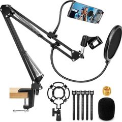 Microphone Stand, Professional Adjustable Mic Stand with Screw Adapter and Pop Filter Suitable for Radio and Television Stations, Recording Studios, Compatible with Blue Yeti Microphone