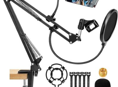 Microphone Stand, Professional Adjustable Mic Stand with Screw Adapter and Pop Filter Suitable for Radio and Television Stations, Recording Studios, Compatible with Blue Yeti Microphone
