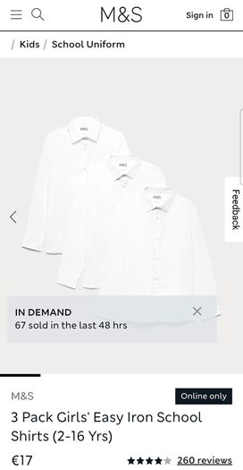 M&S Girls Long Sleeve Cream School Shirt 6-7 Years