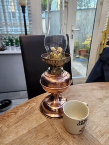 Victorian duplex copper oil lamp. Working.  Polished