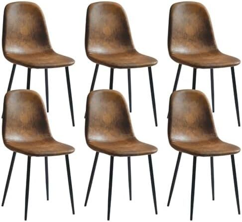 Set of 6, Upholstered Kitchen & Dining Room Chairs with Comfortable Padded Seat (Faux Suede, Brown)