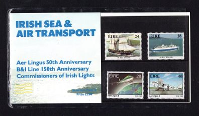 1986 Ireland Irish Sea & Air Transport Presentation Pack (Pack E). Contains Aer Lingus, B&A and Irish Lighthouses Commemorative Stamp Sets.