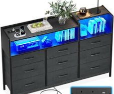 Black Chest of Drawers Bedroom, Dresser Cabinet with 2 Sockets, 2 USB Ports and 10 Colored LED Strips, Chest Drawers with Shelf 9 Fabric Drawers for Bedroom Living Room, 130 30 97cm