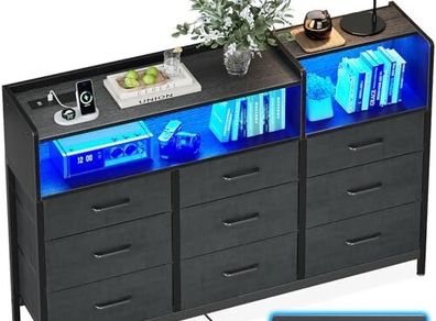 Black Chest of Drawers Bedroom, Dresser Cabinet with 2 Sockets, 2 USB Ports and 10 Colored LED Strips, Chest Drawers with Shelf 9 Fabric Drawers for Bedroom Living Room, 130 30 97cm