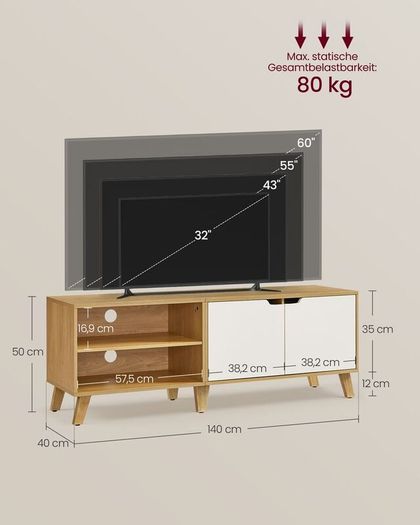 TV table  Stand with 2 doors, TV shelf for TV up to 60 inches, TV cabinet with adjustable shelves, for living room, dining room and bedroom, vintage brown