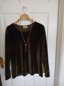 Plush Velvet-Effect Long Sleeve Top by Address | Rich Moss Green | Size 18 with matching necklace.