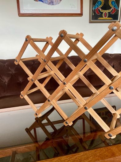 Vintage Wooden Accordion 8 Bottle Wine Rack Brass Rivets Countertop Wood Rustic Cottagecore Old Country Farmhouse