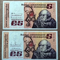 IRELAND - Lot Set of 2 Banknotes: 5 Pounds Punt 1976 1993 P 71b 71e (aUNC)