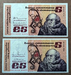 IRELAND - Lot Set of 2 Banknotes: 5 Pounds Punt 1976 1993 P 71b 71e (aUNC)