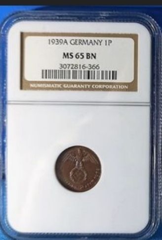 War-time Germany 1939A 1 Reichspfennig NGC Graded MS65 BN