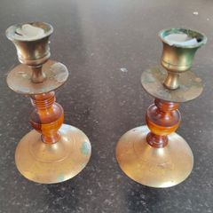 Two Brass & Wood Candle Stick Holders