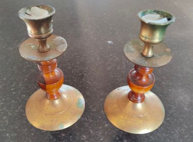 Two Brass & Wood Candle Stick Holders