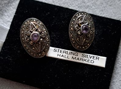 sterling silver marcasite and amethyst clip earrings