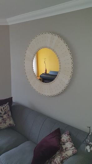 Ceramic frame mirror with leather strap edge finish - hand-made