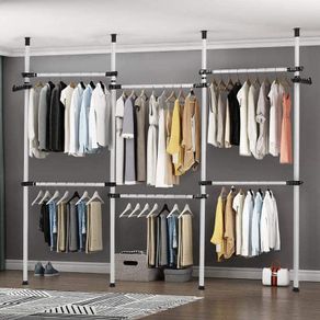 Heavy Duty Clothes Rack, 4 Poles 6 Bars Telescopic Coat Hanger Wardrobe Organiser, Hanging Rail, Garment Rack, Stainless Steel Poles and Bars, 60kg Loading per Horizontal Bar, Height Adjustable