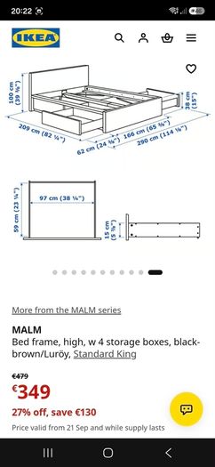 Standard king-size bed frame with 4 storage boxes