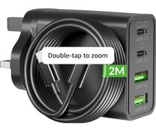 65W USB C Charger, 4-Port GaN Super Fast Charging Plug & 2M Cable Multi PD/PPS UK Laptop Charger + Type C Cord for MacBook Pro/Air, iPad, iPhone 17/16/15, Samsung S26 S25, Chromebook Dell HP