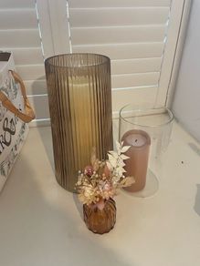 Large Amber Glass Hurricane Vases x 4