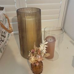 Large Amber Glass Hurricane Vases x 4