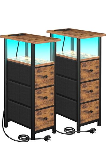 Narrow Bedside Table Set of 2, Slim Side Table for Bedroom Bed Side Table Living Room with Charging Station, Sofa Table with 3 Fabric Drawers, Small Nightstand with LED Lights, Brown
