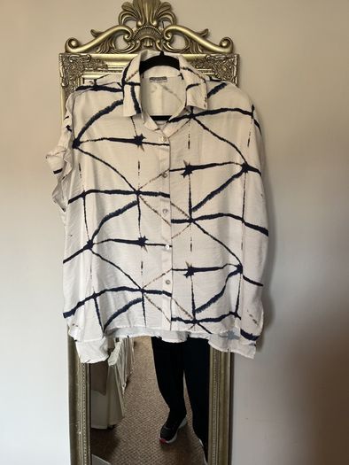 Naya white blouse with navy and taupe design