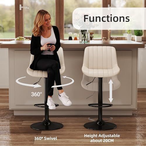 Bar Stools Set of 2, Adjustable PU Leather Bar Stool Beige