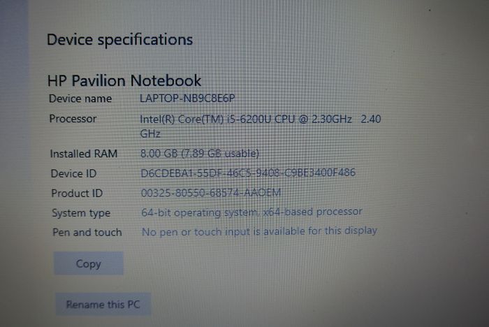 Hp Pavilion laptop i5-6200 - 8GB RAM GB 256 NVME SSD. Windows 10