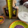 Cheese knife set with magnetic base 15.00 euro, Pottery/Terra Cotta Bowl w/side Section, Olive Pattern, Portugal and 2 small bowl  18.00 euro.,.Ceramic Garlic Lemon Grater Plate Hand Painted 12.00 euro.,Glass display small dome with white carmic tea light Image 2