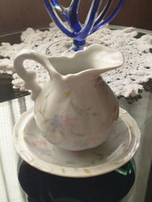 Vintage jug and bowl with delicate floral print, Japan.