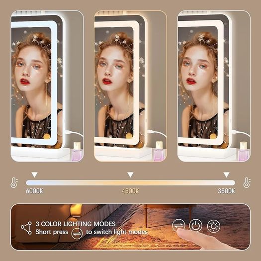 Vanity Mirror with Lights, 80 x 50cm LED Makeup Mirror, Lighted Make up Mirrors with with Touch Screen Control, 3 Dimmable Modes Round White