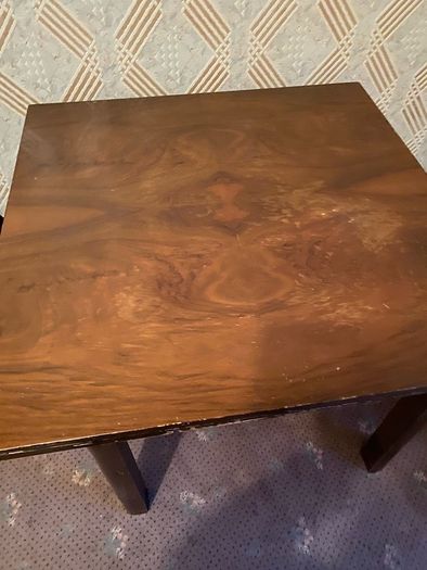 Mid century dining room table and 4 upholstered chairs.