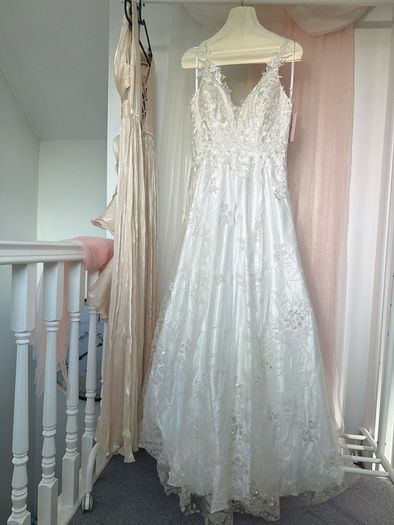 French Inspired V Neck Lace Embroidered A Line Bridal Gown