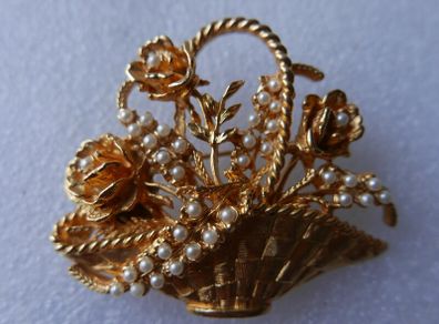 Vintage Floral Basket Brooch with  Pearls, Delicate Brooch