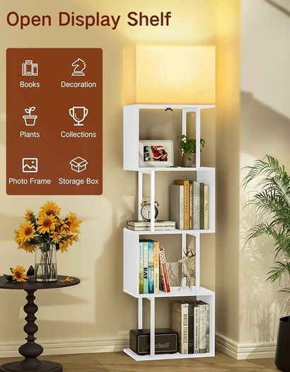 5-Tier Floor Lamp with Shelves & Remote, Dimmable S-Shaped Bookshelf with 3 Color Temperature, 1-Hour Timer, Tall Corner Standing Lamp for Living Room, Bedroom, Office White