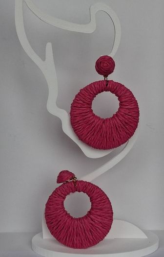 Hot Pink Raffia Woven Stud Hollow Out Woven Hoop Earrings