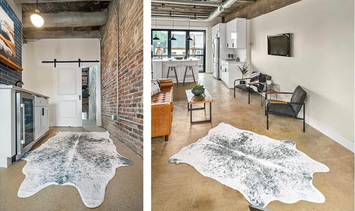 Large Faux Cowhide Rug - Chalk and Board (4.6ft x 6.6ft) - White/Gray Cow Print Area Rug for a Western Boho Decor - Synthetic, Cruelty-Free Animal Hide Carpet with No-Slip Backing (FREE POSTAGE)
