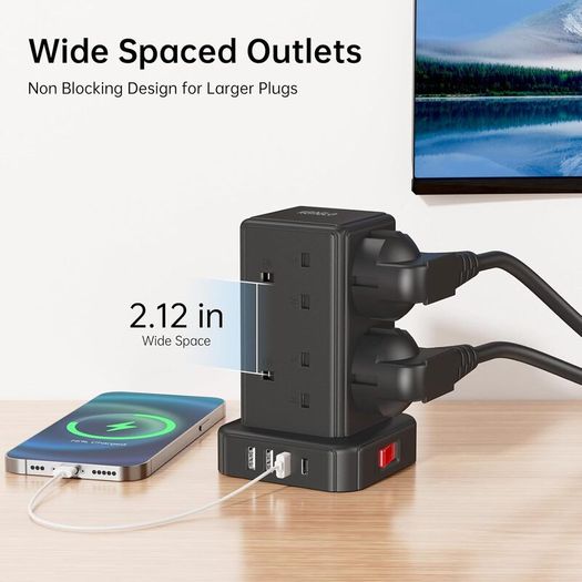 Tower Extension Lead with 8 Way Multi Plug Extension Tower & 4 USB Ports (13A),Mini Power Strip with Switch, 5M Extension Cable Surge Protection Extension Lead for Home, Kitchen,Office
