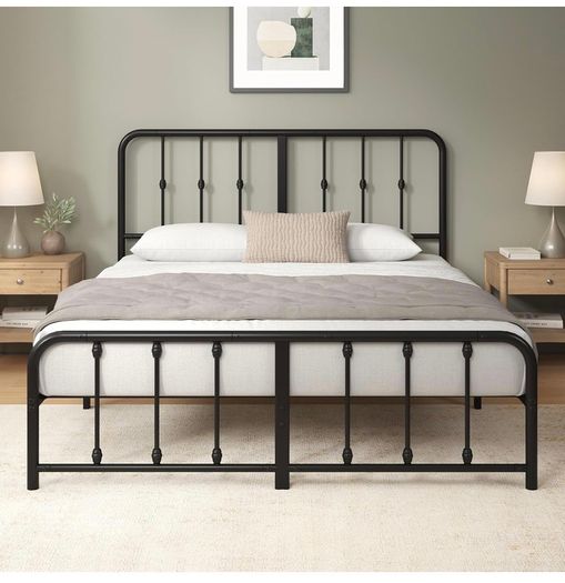 Double Bed Frame with Headboard - 4ft6 (135 x 190 cm) - 14'' Height - Metal Bed Base with Footboard - Steel Slat Support - Easy Assembly - Black