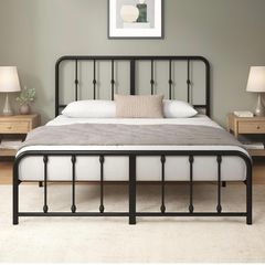 Double Bed Frame with Headboard - 4ft6 (135 x 190 cm) - 14'' Height - Metal Bed Base with Footboard - Steel Slat Support - Easy Assembly - Black