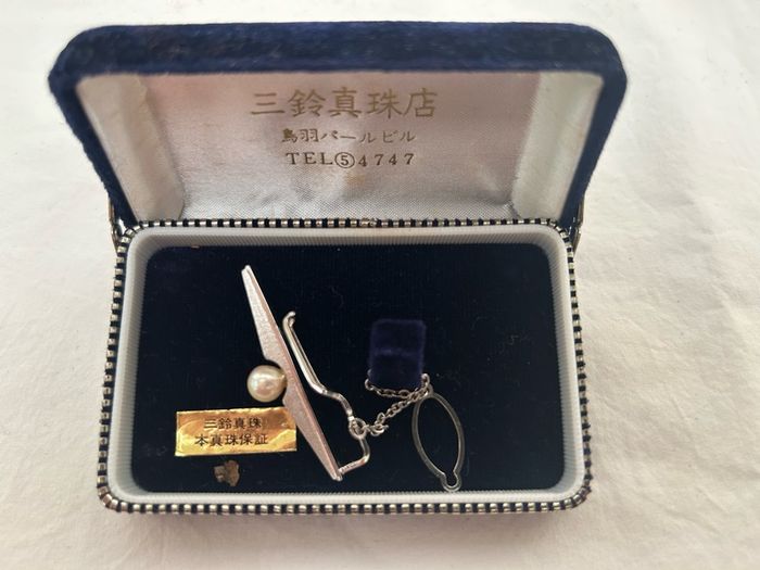 Vintage Japanese Misuzu Genuine Pearl SILVER Tie Clip Bar Boxed Toba Japan