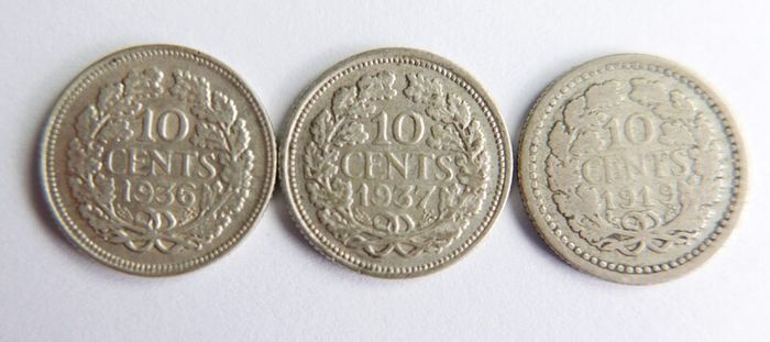 Netherlands, Wilhelmina I, 10 Cents, 1919-36-37, Silver Coins
