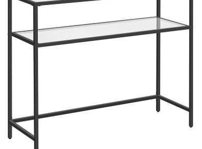 Console table, side table with 2 shelves, tempered glass, storage shelf, metal frame, adjustable feet, for living room, hallway, black